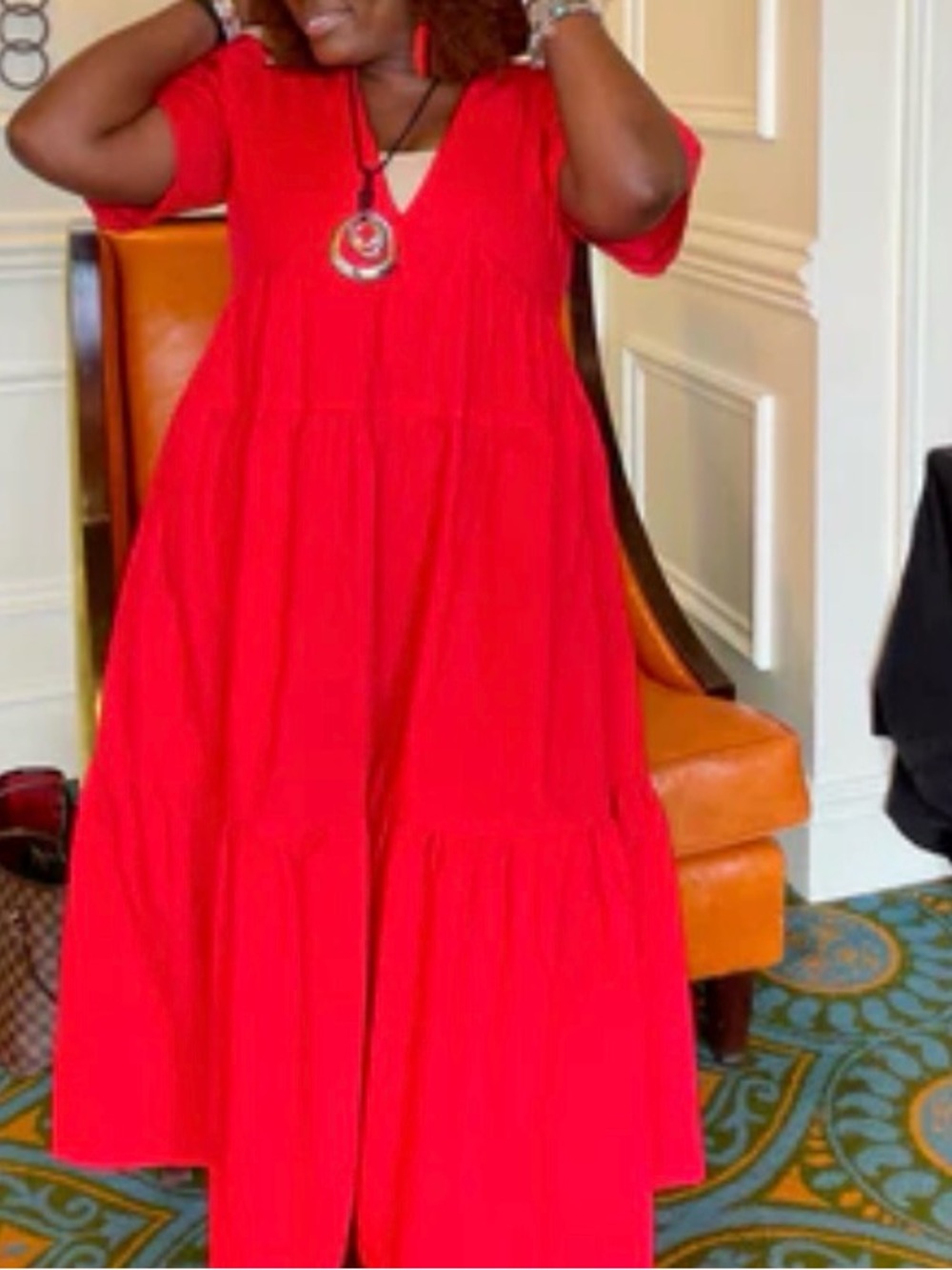 V-Neck Red Tiered Maxi Dress - Women's Flowing Summer Style w/Pockets